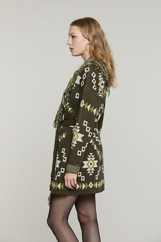 Cardigan ROTTERDAM lungo manica lunga con cintura + frange + jacquard peruviano - RDA2602529069 - Relish Autunno/Inverno 2026