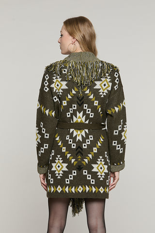 Cardigan ROTTERDAM lungo manica lunga con cintura + frange + jacquard peruviano - RDA2602529069 - Relish Autunno/Inverno 2026