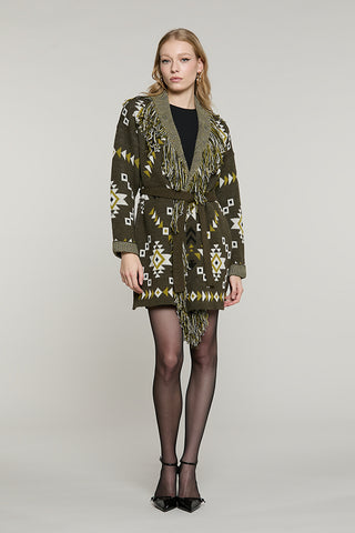 Cardigan ROTTERDAM lungo manica lunga con cintura + frange + jacquard peruviano - RDA2602529069 - Relish Autunno/Inverno 2026