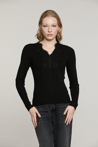 Maglia CABBI manica lunga serfino scollo a V con bottoni + strass + inserti pizzo costina - RDA2602605012 - Relish Autunno/Inverno 2026