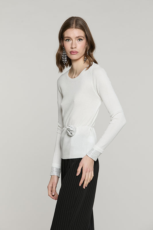 Maglia KEEP manica lunga con bordo paillettes + collarino fiore con strass - RDA2602637024 - Relish Autunno/Inverno 2026