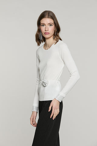Maglia KEEP manica lunga con bordo paillettes + collarino fiore con strass - RDA2602637024 - Relish Autunno/Inverno 2026