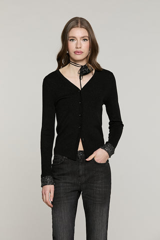 Cardigan SMOOTH manica lunga scollo a V con bordo paillettes + collarino fiore con strass - RDA2602637025 - Relish Autunno/Inverno 2026