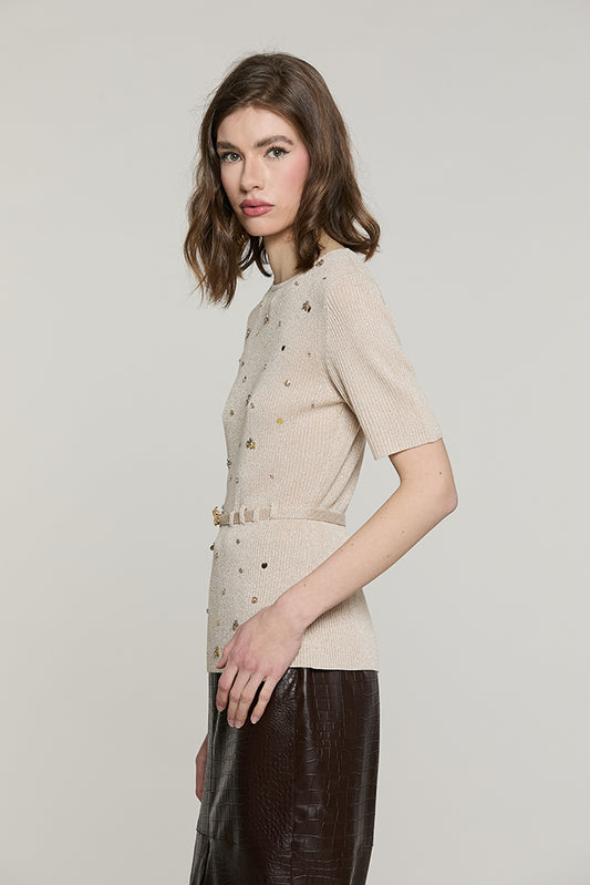 Maglia STRONGER mezza manica con paillettes + castoni + cintura con fibbia logo lurex - RDA2602637033 - Relish Autunno/Inverno 2026