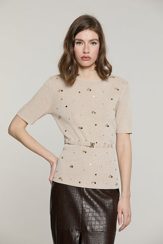Maglia STRONGER mezza manica con paillettes + castoni + cintura con fibbia logo lurex - RDA2602637033 - Relish Autunno/Inverno 2026