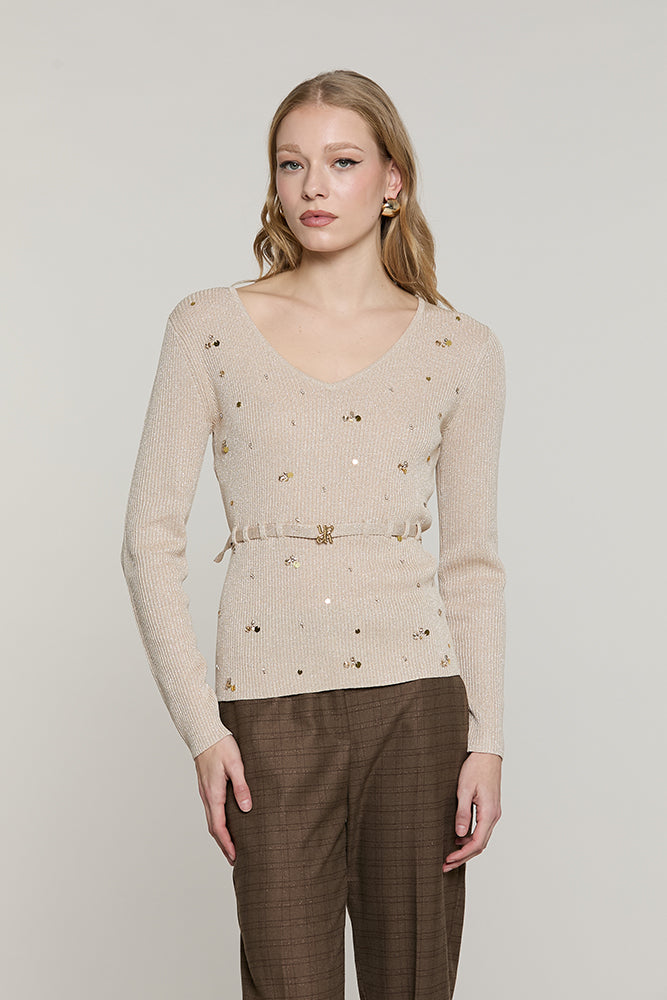 Maglia TABOO manica lunga scollo a V con paillettes + castoni + cintura con fibbia logo lurex - RDA2602637034 - Relish Autunno/Inverno 2026