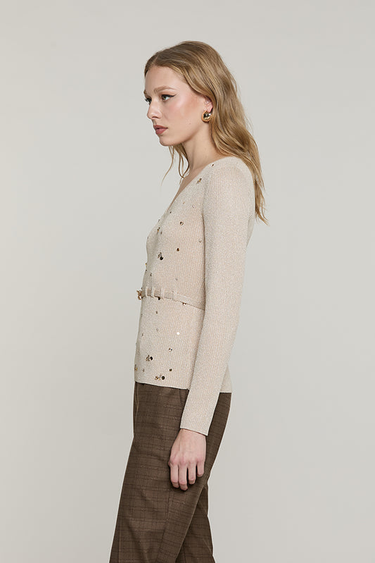 Maglia TABOO manica lunga scollo a V con paillettes + castoni + cintura con fibbia logo lurex - RDA2602637034 - Relish Autunno/Inverno 2026