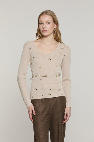 Maglia TABOO manica lunga scollo a V con paillettes + castoni + cintura con fibbia logo lurex - RDA2602637034 - Relish Autunno/Inverno 2026