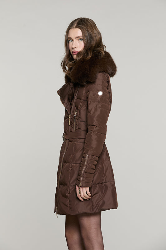 Piumino CUNY lungo manica lunga con zip + collo ecopelliccia staccabile + cintura - RDA2605009030 - Relish Autunno/Inverno 2026