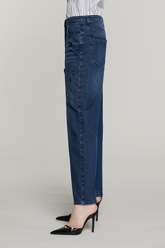 Panta CARLA_BLUE vita media baggy fit con castoni + pietre denim blue - RDA2607033036 - Relish Autunno/Inverno 2026