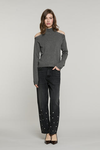 Panta CARLA_BLACK v.media baggy fit con castoni + pietre + perline denim black - RDA2607033037 - Relish Autunno/Inverno 2026