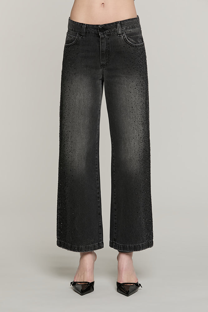 Panta ELLELONG_BLACK vita media straight fit 5 ts con strass denim black - RDA2607033043 - Relish Autunno/Inverno 2026