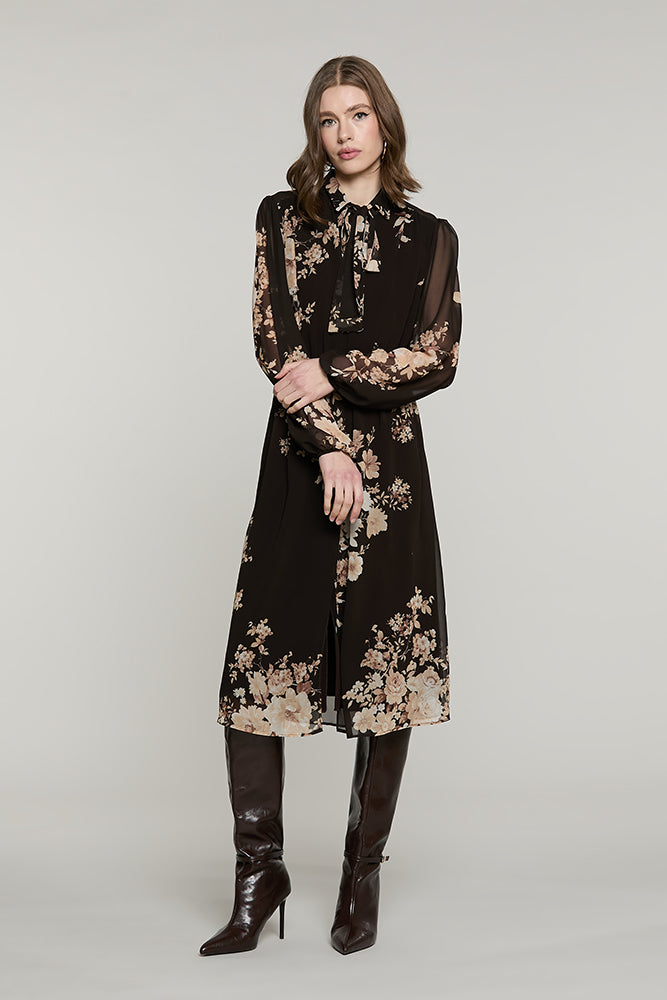 Abito MAYAN midi manica lunga con elastico + fusciacca + goccia fantasia fiori - RDA2609009023 - Relish Autunno/Inverno 2026