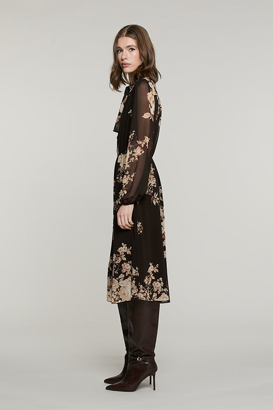 Abito MAYAN midi manica lunga con elastico + fusciacca + goccia fantasia fiori - RDA2609009023 - Relish Autunno/Inverno 2026