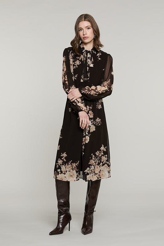 Abito MAYAN midi manica lunga con elastico + fusciacca + goccia fantasia fiori - RDA2609009023 - Relish Autunno/Inverno 2026
