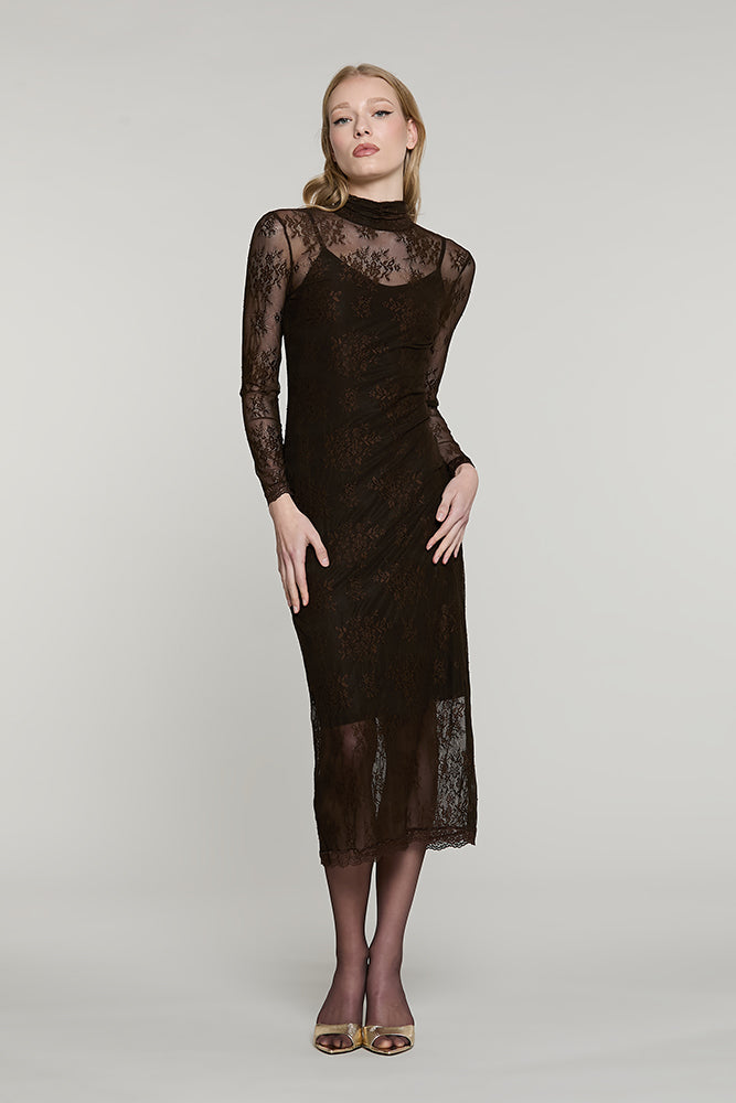 Abito FREYAS midi manica lunga con colletto + arricci + apertura schiena pizzo - RDA2609036012 - Relish Autunno/Inverno 2026