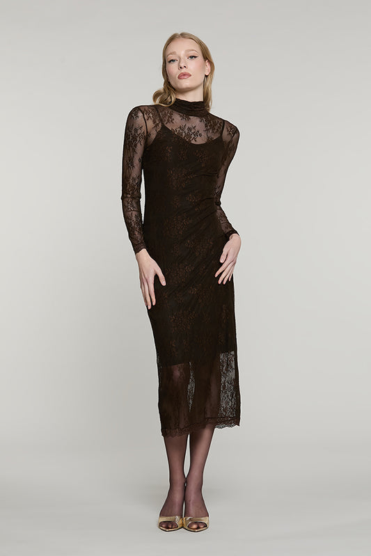 Abito FREYAS midi manica lunga con colletto + arricci + apertura schiena pizzo - RDA2609036012 - Relish Autunno/Inverno 2026