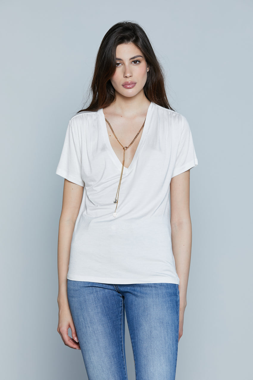 T-Shirt REUS M/M Scollo V con Collana più Logo più Cabochon art. RDP2501034005 Donna Relish Primavera Estate 2025