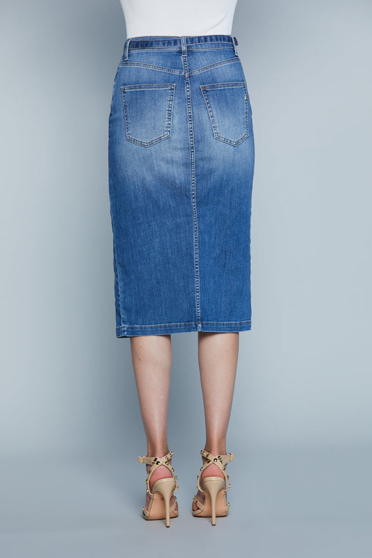 Longuette MIJAS Vita Alta con Cintura più Fibbia Logo 5Ts con Spacco Denim art. RDP2504016011 Donna Relish Primavera Estate 2025