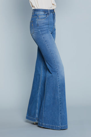 Jeans TRACY_B Vita Alta con Cintura più Fibbia Logo 5 Ts con Impunture Zampa Denim art. RDP2507016042 Donna Relish Primavera Estate 2025