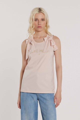 T-Shirt BLOWY smanicata con fiocco più stampa glitter art. RDP2601033014 Donna Relish Primavera Estate 2026