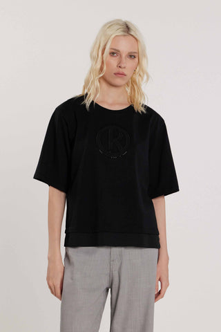 T-Shirt ISABELLE maniche corte con inserti in georgette più ricamo logo più strass art. RDP2601046018 Donna Relish Primavera Estate 2026