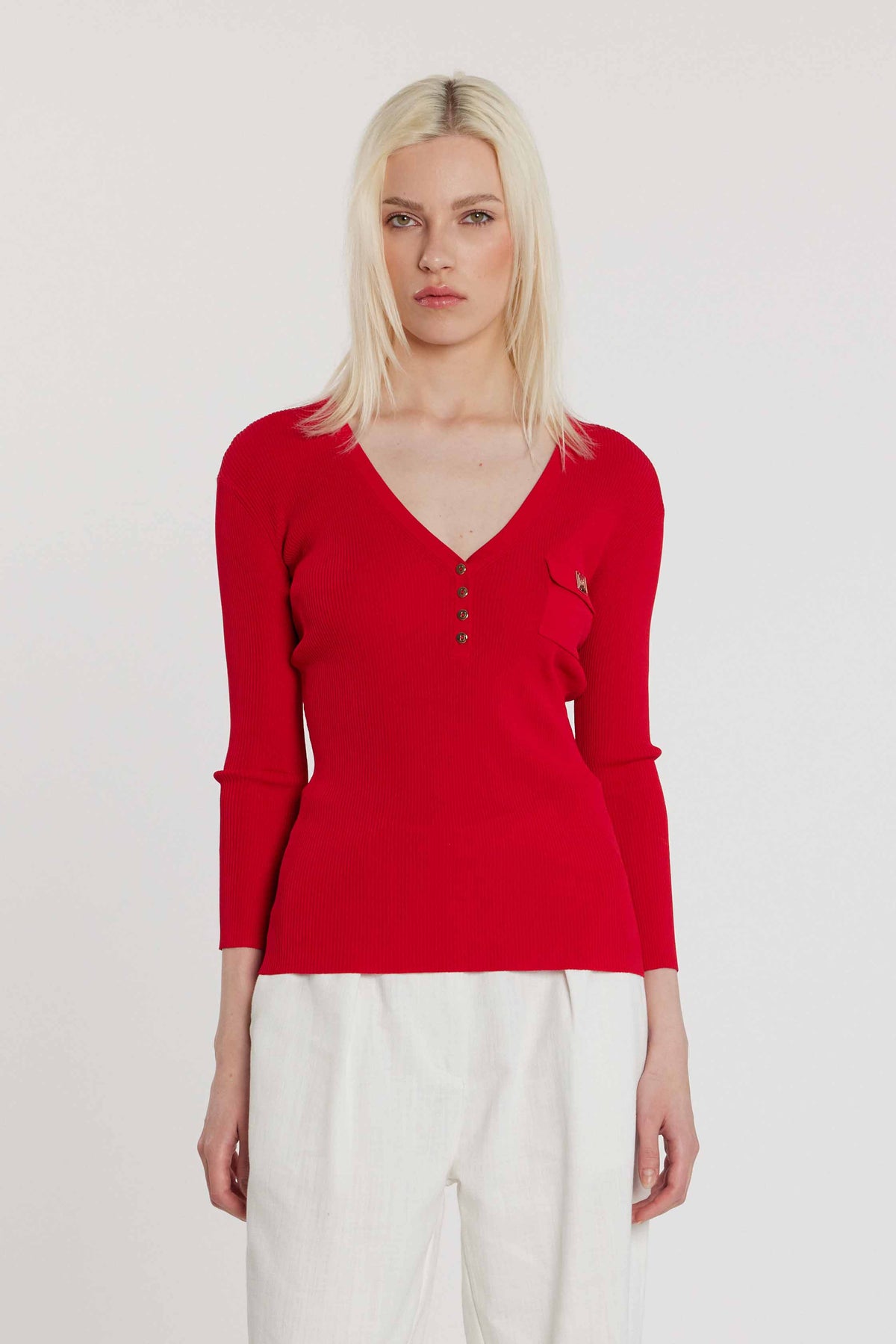 Maglia DENEUVE maniche tre quarti scollo a V con bottoncini più taschino costina art. RDP2602054010 Donna Relish Primavera Estate 2026