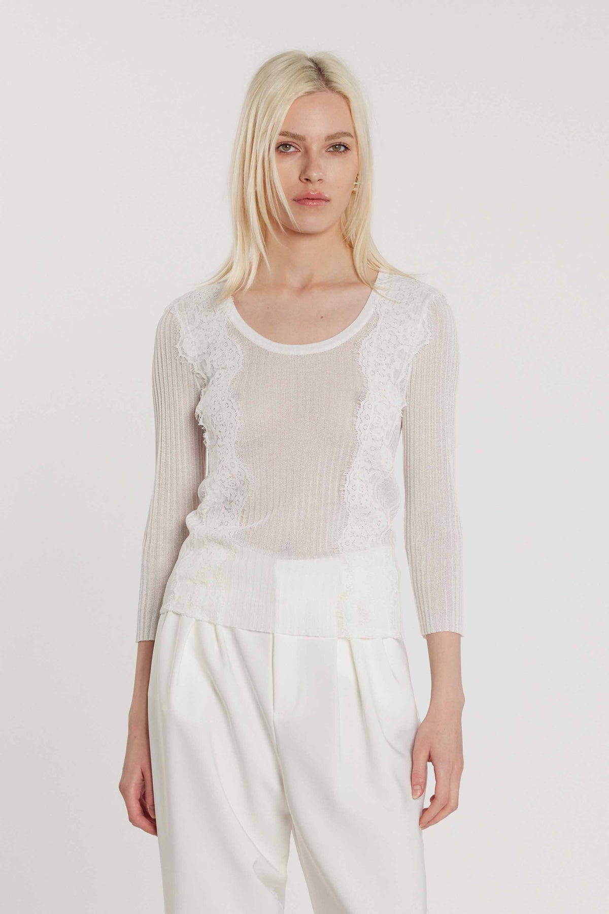 Maglia NOVAC maniche tre quarti scollo alla madonna con inserti pizzo costina art. RDP2602054024 Donna Relish Primavera Estate 2026