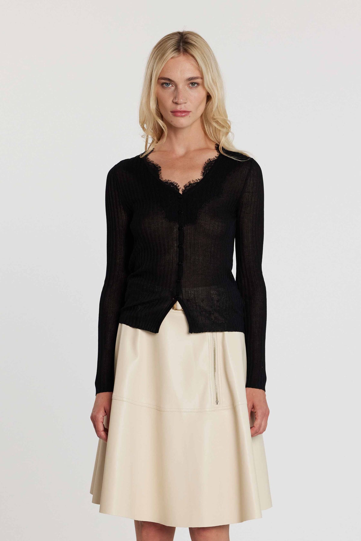 Cardigan LING maniche lunghe scollo a V con inserti pizzo costina art. RDP2602054025 Donna Relish Primavera Estate 2026