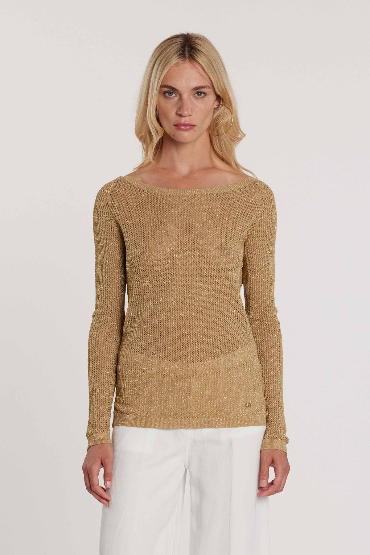 Maglia MARTINES maniche lunghe scollo barca più V rete effetto piquet più lurex art. RDP2602550006 Donna Relish Primavera Estate 2026