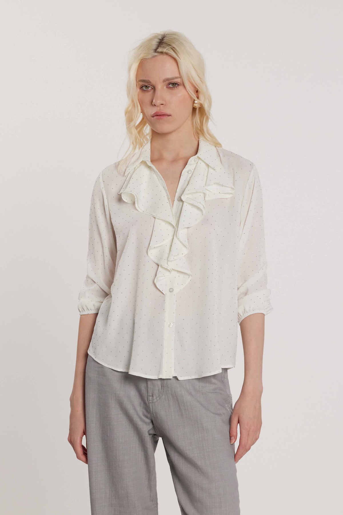 Camicia YOUNG maniche tre quarti con arriccio e rouches più strass all over art. RDP2603009051 Donna Relish Primavera Estate 2026