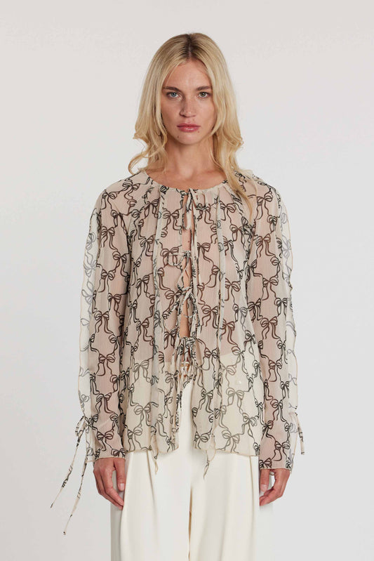 Blusa DIAMY_FIO maniche lunghe con rouches più laccetti fantasia fiocchi art. RDP2603009062 Donna Relish Primavera Estate 2026