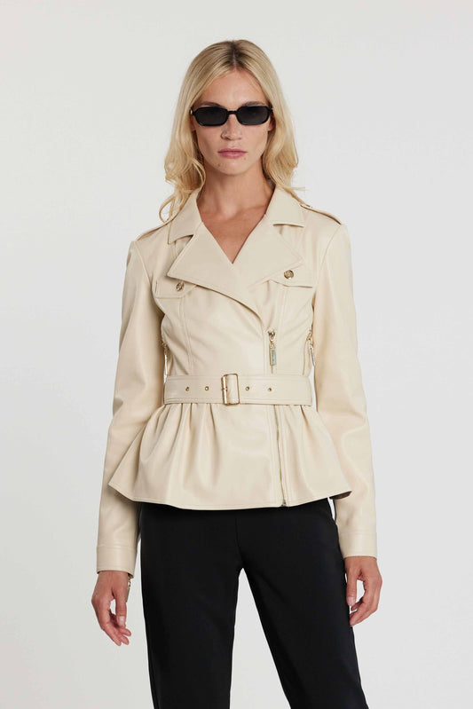 Giubbino TAYLOR maniche lunghe chiodo con zip più cintura più balza sul fondo ecopelle art. RDP2605011013 Donna Relish Primavera Estate 2026