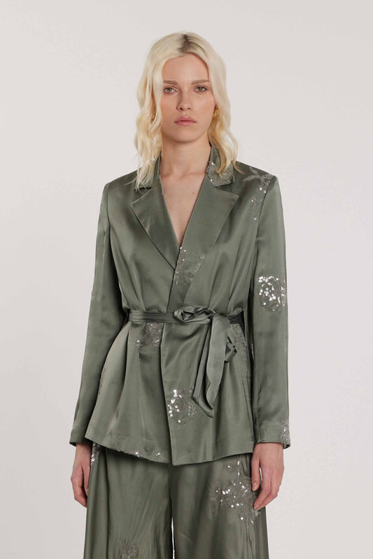 Giacca KIMA maniche lunghe con cintura effetto vestaglia raso più ricamo fiori strass art. RDP2605055036 Donna Relish Primavera Estate 2026