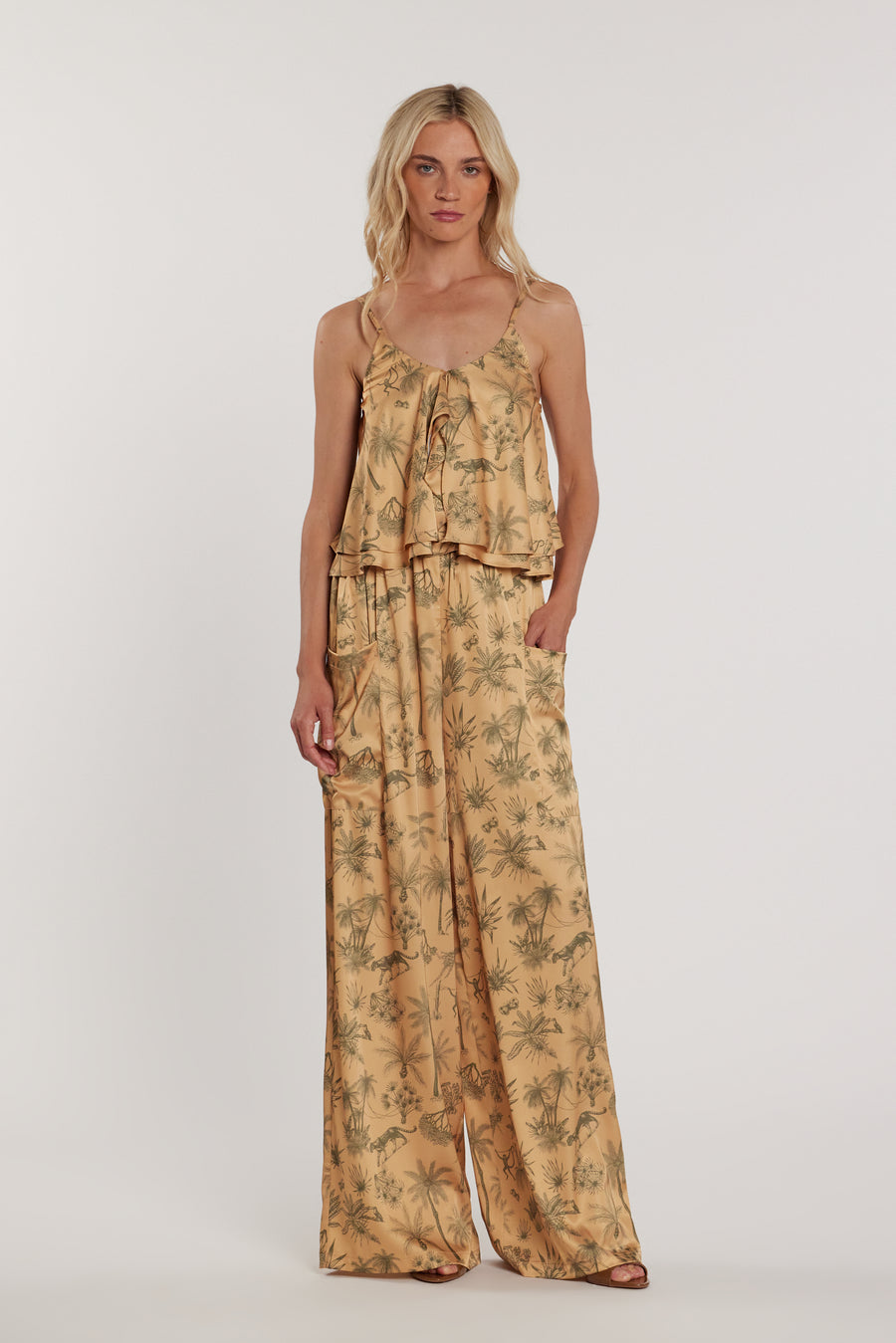 Pantalone SCARLETT vita alta palazzo con coulisse più tasconi fantasia tropical art. RDP2607006051 Donna Relish Primavera Estate 2026