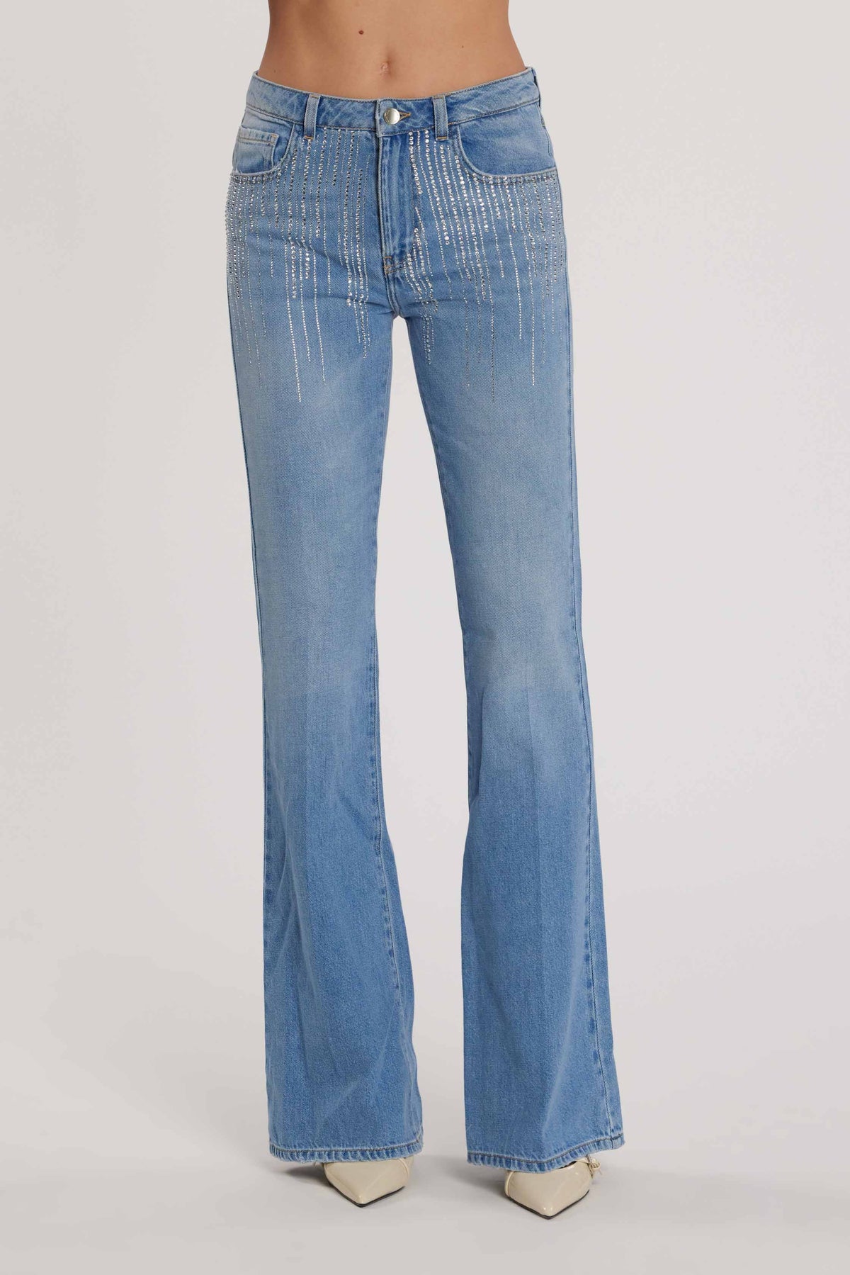 Pantalone SCHIFFER_210 vita media cinque tasche con applicazioni strass flaire fit denim blu art. RDP2607033005 Donna Relish Primavera Estate 2026