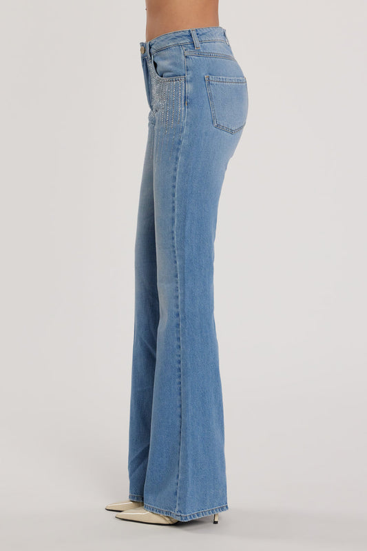 Pantalone SCHIFFER_210 vita media cinque tasche con applicazioni strass flaire fit denim blu art. RDP2607033005 Donna Relish Primavera Estate 2026