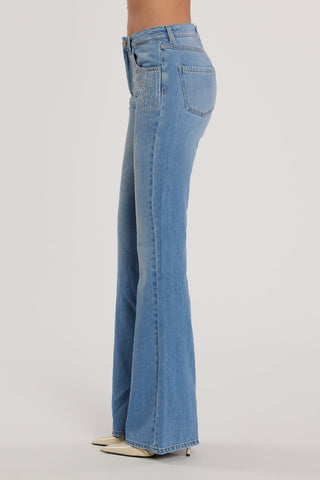 Pantalone SCHIFFER_210 vita media cinque tasche con applicazioni strass flaire fit denim blu art. RDP2607033005 Donna Relish Primavera Estate 2026