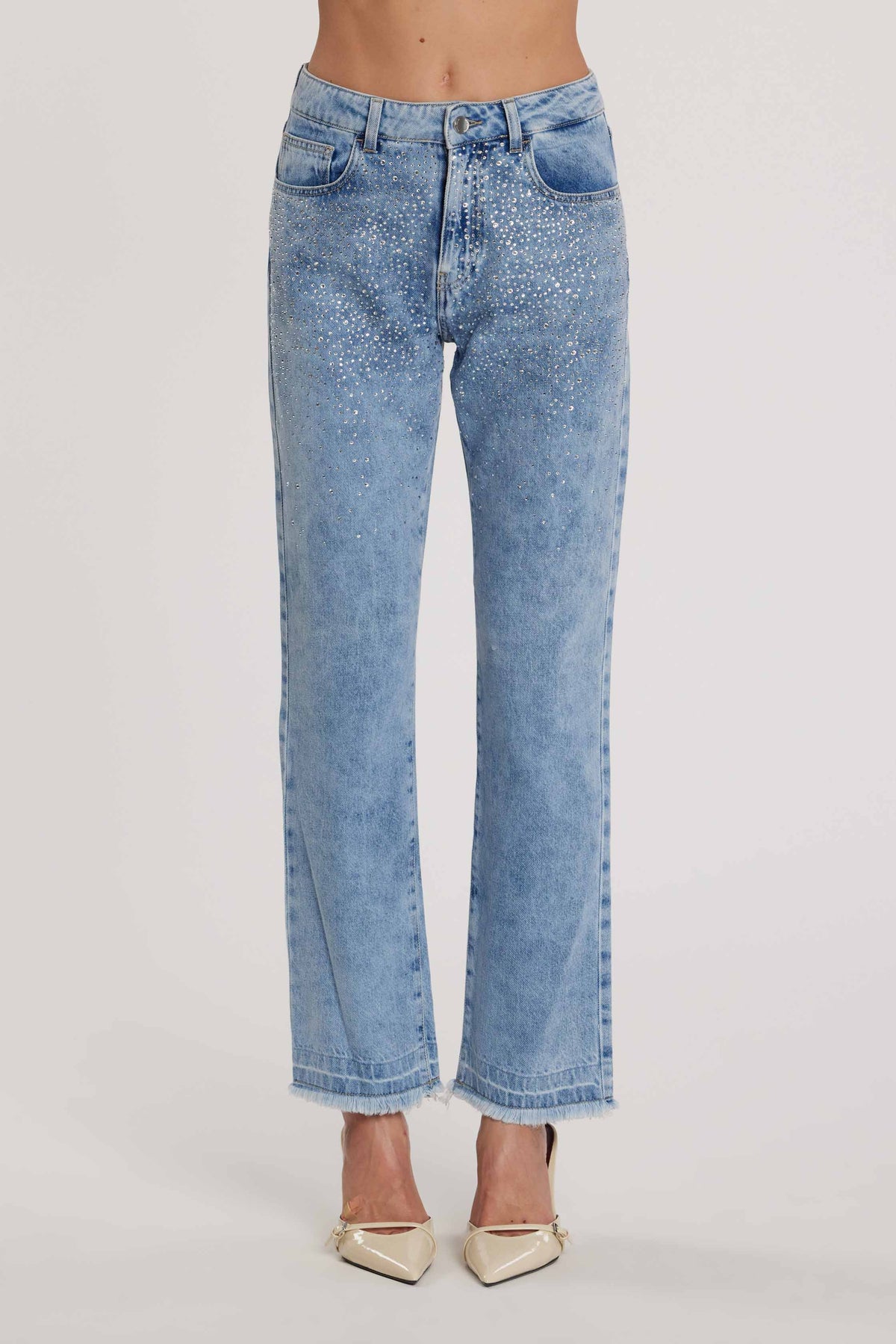 Pantalone CINDY_28 vita media cinque tasche con applicazioni strass cigarette fit denim blu art. RDP2607033006 Donna Relish Primavera Estate 2026