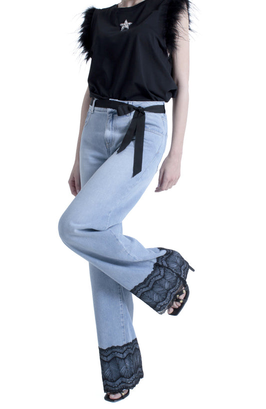 Pantalone ELLELONG_27 vita media con cintura più applicazioni pizzo fondo straight fit denim blu art. RDP2607033009 Donna Relish Primavera Estate 2026