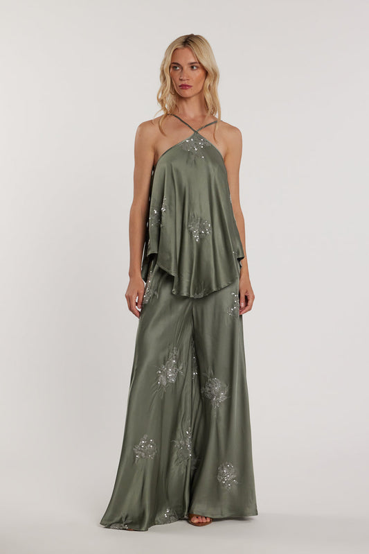 Tuta BELLYSA con top più Pantalone vita alta palazzo raso più ricamo fiori paillettes art. RDP2607055068 Donna Relish Primavera Estate 2026