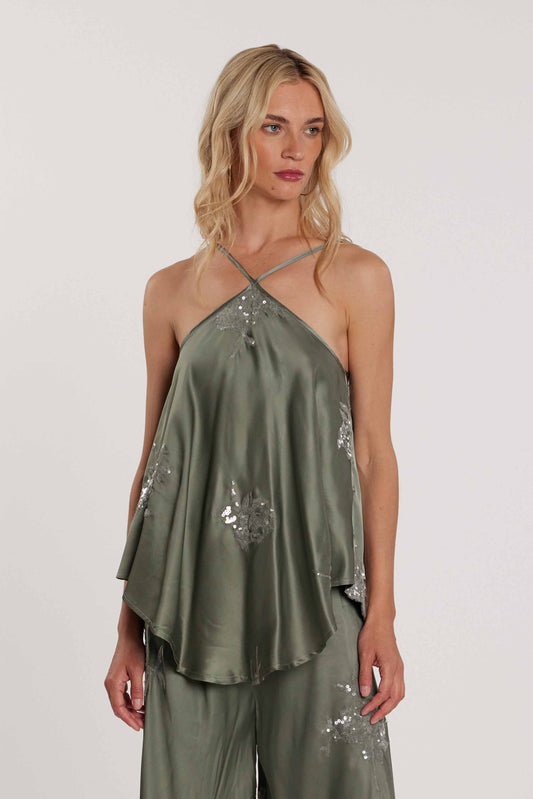 Tuta BELLYSA con top più Pantalone vita alta palazzo raso più ricamo fiori paillettes art. RDP2607055068 Donna Relish Primavera Estate 2026