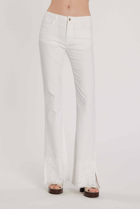 Pantalone SCHIFFERONE_10 vita media cinque tasche con applicazioni più pizzo più spacco laterale flaire fit bull art. RDP2607620004 Donna Relish Primavera Estate 2026