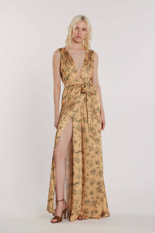 Abito JOHANSSON lungo smanicato doppio scollo profondo con incrocio più cintura fantasia tropical art. RDP2609006037 Donna Relish Primavera Estate 2026