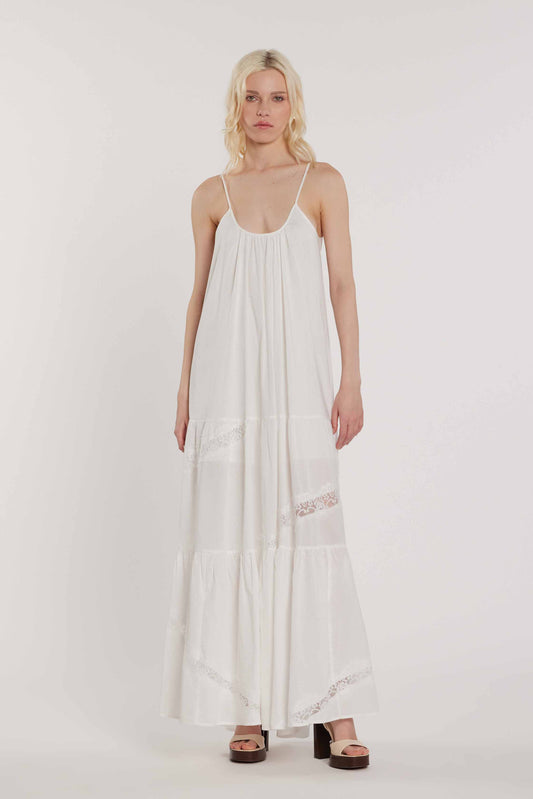 Abito CATHERY lungo smanicato con arricci più balze più inserti pizzo art. RDP2609033016 Donna Relish Primavera Estate 2026