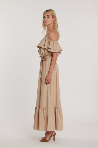 Abito MOLIER lungo maniche lunghe scollo barca più bretelle con balze più cintura con nappe art. RDP2609033027 Donna Relish Primavera Estate 2026