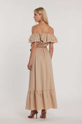 Abito MOLIER lungo maniche lunghe scollo barca più bretelle con balze più cintura con nappe art. RDP2609033027 Donna Relish Primavera Estate 2026