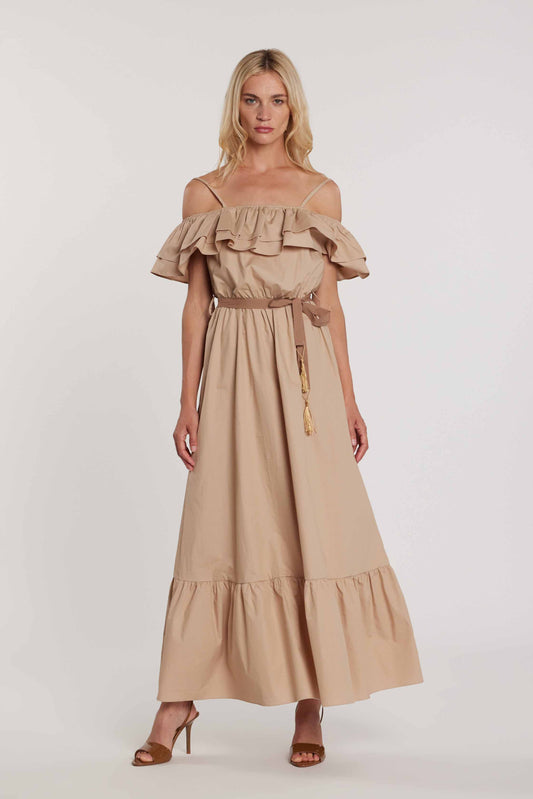 Abito MOLIER lungo maniche lunghe scollo barca più bretelle con balze più cintura con nappe art. RDP2609033027 Donna Relish Primavera Estate 2026