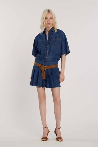 Abito PASOLIT corto maniche lunghe con tasche più snap più cintura più gonna plissé con fondo sfrangiato denim art. RDP2609033029 Donna Relish Primavera Estate 2026