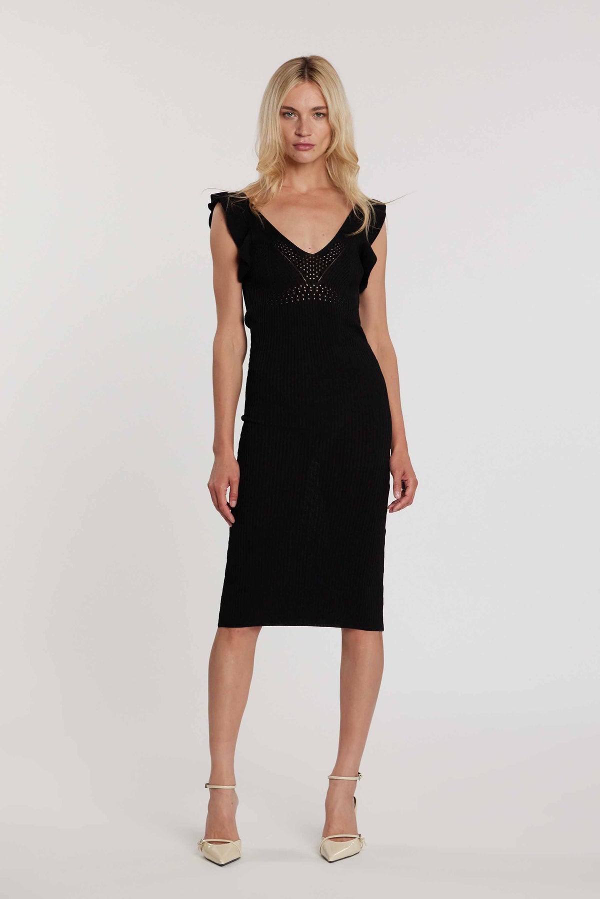 Abito CLAIR midi smanicato con rouches doppio scollo a V costina art. RDP2609303008 Donna Relish Primavera Estate 2026